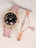 Shein - 2Pcs Heart Shaped Crystal Watch And Star Bracelet, Fashion Lifestyle Accessory, Valentine Day Gift