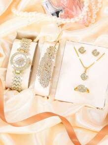 Shein - 1pc Luxury Bling Full Diamond Gold Roman Alloy Watch And 5pcs Square Rhinestone Jewelry Set And Feather Hair Clip