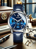 Shein - 1Pc Men Blue Belt Three-Eye Multi-Function Dial Business Casual Quartz Watch