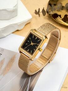 Shein - 1pc Gold Stainless Steel Strap Simple Casual Quartz Watch