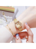 Shein - 1Pc Vintage Watch Gift For Girlfriend, Copper Strap Quartz Watch With Diamond Encrusted Polygonal Dial