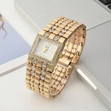 Shein - 1pc Fashionable Quartz Wristwatch For Women With Unique Square Case And Large Strap, Full Diamond Lady Bracelet Watch Set,