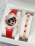 Shein - Women'S Fashionable Quartz Wristwatch With Rhinestone-Encrusted Roman Numerals, Heart-Shaped Dial, And Diamond Bracelet Set (2Pcs/Set)