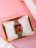 Shein - Korean Style Fashionable Luxury Ladies' Watch, Unique Charm, Vintage Red Color, Comes With A Watch Band Adjuster, Summer