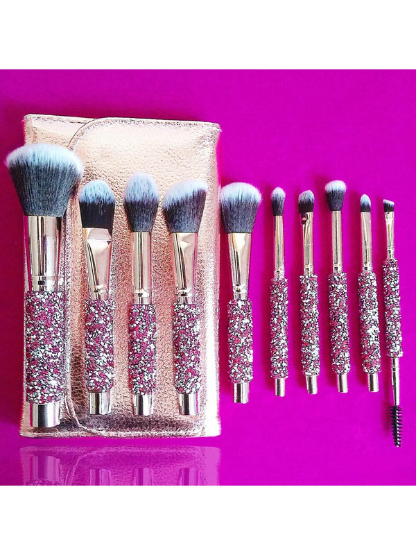 Shein - 10pcs/Set High-End Gold/Pink Diamond-Encrusted Makeup Brushes, Professional & Handmade Cosmetic Tools, Suitable For Beginner & Travel, Favorite For Mother's Day Gift Or Black Friday