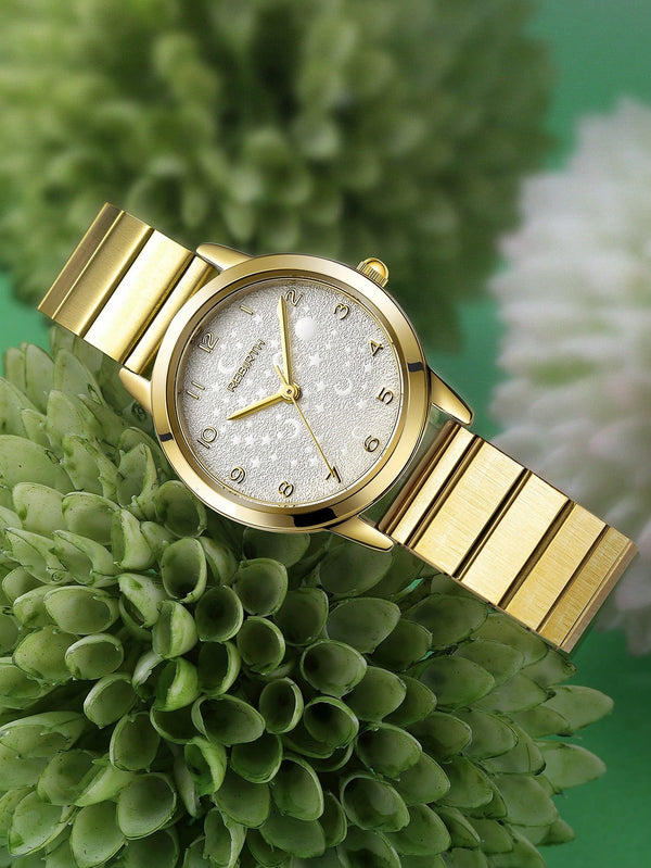 Shein - Rebirth Brand Women'S Stainless Steel Vintage Simple Fashion Quartz Watch With Gold Strap And Numerical Scale, Suitable For Daily Decoration