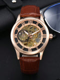 Shein - 1Pc Men Hollow Automatic Mechanical Watch, Waterproof Leather Strap Watch, Roman Numeral Calendar - Coffee Brown