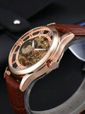 Shein - 1Pc Men Hollow Automatic Mechanical Watch, Waterproof Leather Strap Watch, Roman Numeral Calendar - Coffee Brown