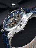 Shein - 1Pc Men Hollow Automatic Mechanical Watch, Waterproof Leather Wristwatch, Roman Numerals, Calendar - Silver Dial Blue