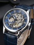 Shein - 1Pc Men Hollow Automatic Mechanical Watch, Waterproof Leather Wristwatch, Roman Numerals, Calendar - Silver Dial Blue
