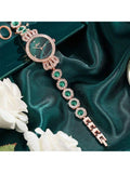 Shein - 1Pc New Crown Design Diamond Inlaid Women Bracelet Watch, With Small Dial And Green Gemstone, All-Match Style