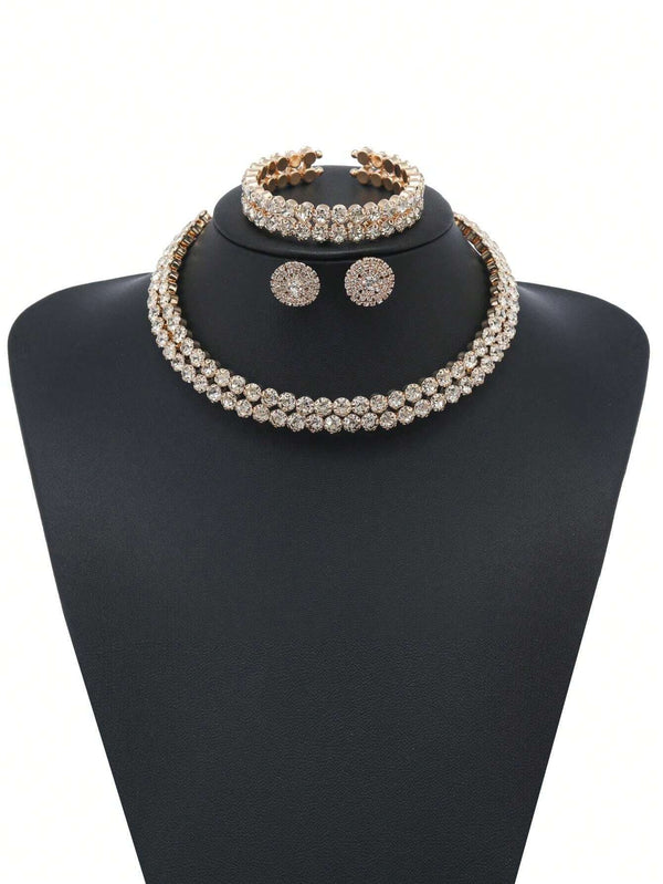 Shein - 4pcs/Set Elegant Rhinestone Gold Plated Round Collar Necklace Set