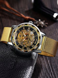 Shein - 1Pc Classic Elegant Vintage Gold Translucent Hollow Out Ladies Mechanical Watch, With Luxurious Rhinestone-Set Case