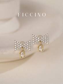 Shein - FICCINO FICCINO Bowknot Water Drop Cubic Zirconia Earrings