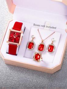 Shein - Ladies Watch 1pc Square Pointer Quartz Watch & 4pcs Necklace Earings Rings Jewelry Set Watch