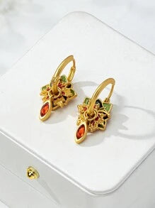 Shein - 1pair 18K Gold Plated Vintage Enamel Colored Circle Earrings With Floral Pattern, Mother's Day Gift