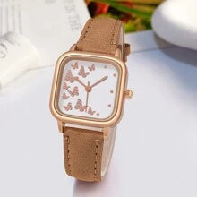 Shein - 1pc Ladies' Small Square Case Casual, Elegant, Fashionable, And Simple Butterfly Pattern Leather Quartz Wristwatc