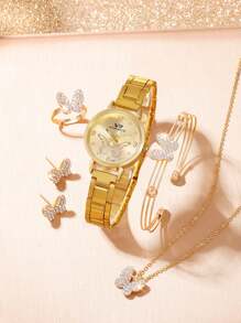 Shein - 5pcs Fashion Simple And Compact Roman Rhinestone Round Needle Gold Steel Band Women's Quartz Watch & Jewelry Set