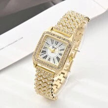 Shein - 1pc High-End Fashionable Roman Dial Rhinestone Bracelet Watch Gold