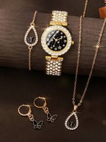 Shein - Fashion Luxury Teen Rhinestone Quartz Watches And Necklaces, Bracelets, Earrings Exquisite Jewelry Sets