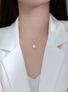 Shein - 1pc 925 Sterling Silver Pearl Pendant Clavicle Necklace, With 8mm Shell Pearl Bead Pendant, Slightly Flawed Natural Design Gold