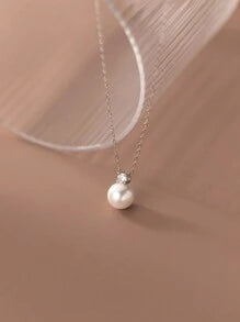 Shein - 1pc 925 Sterling Silver Pearl Pendant Clavicle Necklace, With 8mm Shell Pearl Bead Pendant, Slightly Flawed Natural Design Silver