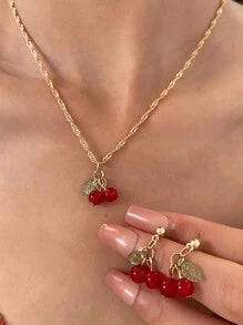 Shein - 3pcs/Set Lovely Sweet Fashion Cherry Pendant Necklace set