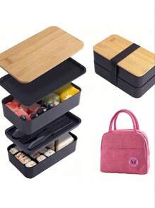 Shein - 1pc 2-Piece Wooden Grain Lunch Box With Insulated Bag - Microwaveable Divided Large Capacity Bento Box