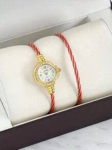 Shein - Exquisite Ancient-Style Gold Bangle Set, Quartz Watch & Simple Artistic Style Bracelet