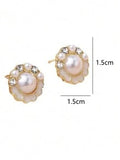 Shein - 1 Pair Of Round Sparkling Rhinestone Pearl Braided Korean Style Elegant And Exquisite Women's Earrings On Leather Cord