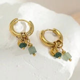 Shein - 1 Pair Of Delicate Retro Women Retro Green Natural Stone Charm Fashion Waterproof Jewelry Hoop Earrings