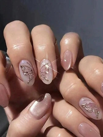 Shein - 24pcs Short Oval Faux Nails In Porcelain Pink Color With Gold Butterfly