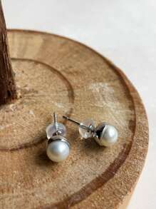 Shein - One Pair 925 Sterling Silver 5-6mm Freshwater Cultured Genuine Pearl Stud Earrings Silver