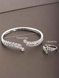 Shein - 1pc Luxury Geometric Cubic Zirconia Inlaid Bangle Ring Set Silver