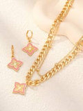 Shein - Women's 3pcs/Set Drip Oil Four Leaf Clover Earrings, Multi-Layer Pearls And Chain Elegant Set Pink