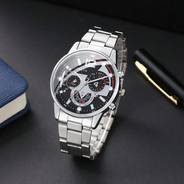 Shein - 1pc Men's Stainless Steel Strap Business Style Simple & Fashionable Calendar Display Industrial Style Quartz Wristwatch