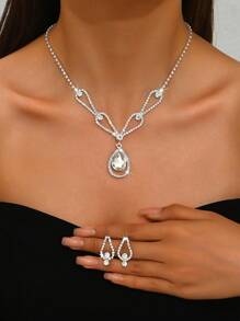 Shein - Brand New Bridal Accessories Silver Shiny Pendant Necklace Earrings Set