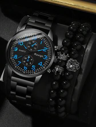 Shein - 3pcs Fashionable Men's Quartz Watch And Beaded Bracelet Set