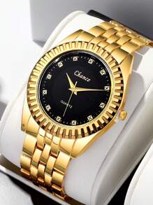 Shein - 1pc Classic Business Style Men Round Gold Stainless Steel Quartz Wristwatch