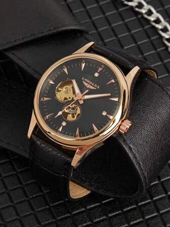 Shein - 1pc Men Hollow Automatic Mechanical Waterproof Leather Band Watch, Casual & Elegant