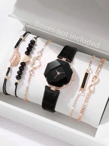 Shein - 6pcs/Set Women Casual Quartz Watch With Diamond-Shaped Dial + Bracelet Accessories