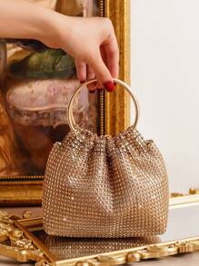 Shein - Rhinestone Decorative Handbag With Double Ring Handle, Party Clutch