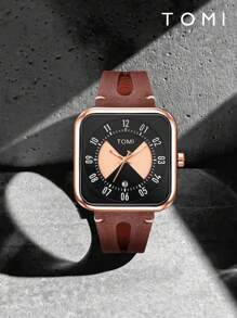 Shein - 1pc Men's Stylish Hollow-Out Leather Strap Quartz Watch