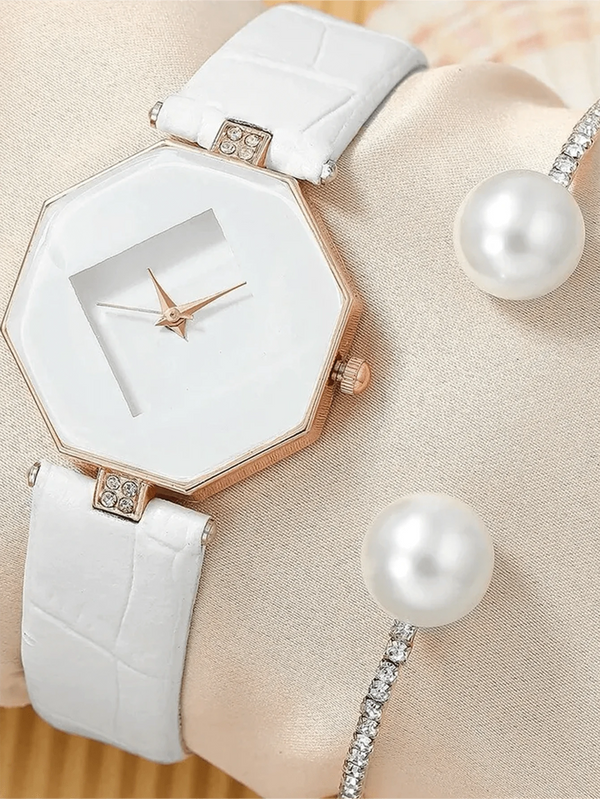 Shein - 2pcs White Minimalist Women Quartz Watch With Crystal Pearls & Asymmetrical Bracelet Set