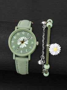 Shein - 2pcs/Set Women's Fashion Floral & Numeral Dial Quartz Watch