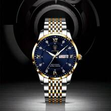 Shein - 1pc Stainless Steel Dual-Tone Strap Men's Quartz Watch With Luminous Dial & Date Blue