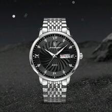 Shein - 1pc Stainless Steel Fashion Strap Quartz Watch For Men With Luminous Dial Calendar