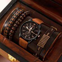 Shein - 1pc Brown Leather Quartz Watch And Gift Set For Fashionable Businessman