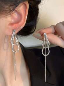 Shein - 1pair Minimalist Zirconia Tassel Earrings Long Design Luxury High-End