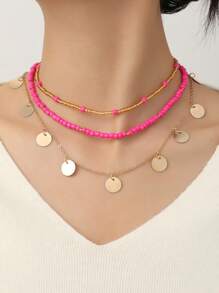 Shein - 3pcs Bohemian Style Flat Beads Chain Necklace